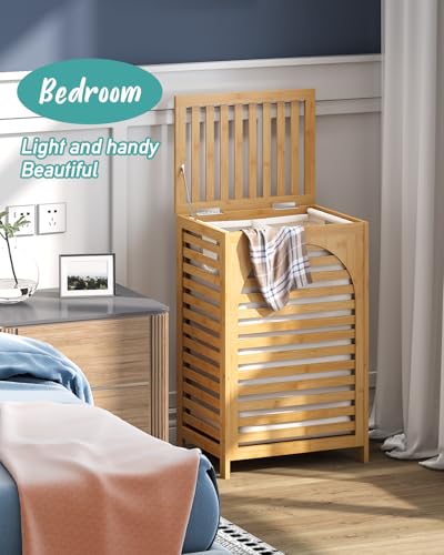 Laundry Hamper, 22.5 Gallon (85L) Bamboo Wood Clothes Laundry Basket with Lid and Handles, Removable Liner (Natural, Large) - color: Natural, size: Large