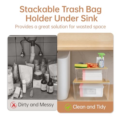 COAZEX 2 Pack Trash Bag Holder Under Sink Stackable, Plastic Garbage Dispenser with Lid, Trash Bag Storage Dispenser Roll Holder for Kitchen, Pantry, Laundry Room Organization - color: A-Clear
