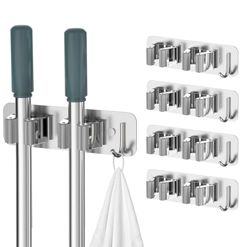 homeasy Wall Mount Mop and Broom Holder, Heavy Duty Stainless Steel Organizer Rack with Hooks | 4-Pack, 2-in-1 No Drill & Screw Installation, Silver - color: Silver-4