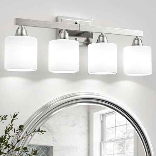 VOLISUN Brushed Nickel Bathroom Light Fixtures, 4-Light Bathroom Vanity Lights Over Mirror, Modern Vanity Light for Bathrooms, Bathrooms Lights Fixtures Over Mirror with Milky White Glass Shades