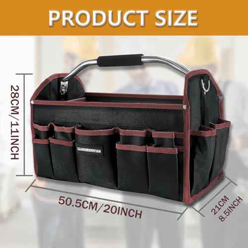 20 In Tool Carrier, Open Top Tool Tote 30 Pockets, Waterproof Tool Bag For Men, Foldable Wide Mouth Electricians Tool Bag, With Stainless Steel Handle and Removable Shoulder Strap