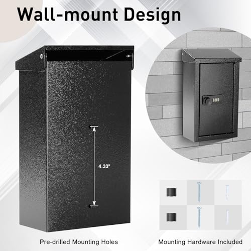 xydled Wall-Mounted Key Drop Box with Combination Lock, Metal Mailbox, Indoor&Outdoor Storage Box, Hanging Secured Postbox, for Home & Business Use, 5.5X 3.0X 9.8 inch, Black - style: Combination