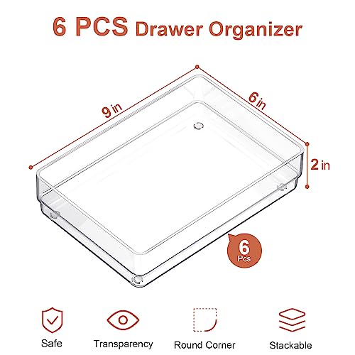 SMARTAKE 6 PCS Clear Plastic Drawer Organizers Set, Large Size Non-Slip Desk Drawer Organizer, Versatile Bathroom and Vanity Drawer Organizer Trays for Makeup, Bedroom, Office, Kitchen Utensils - style: 6 Pcs 9" x 6" x 2"