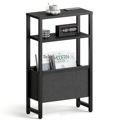 Narrow Side Table, Slim End Table with Magazine Rack, Bedside Table for Small Spaces, 3 Tier Sofa Couch Table Nightstand for Living Room, Bedroom Black LET503B - color: Black