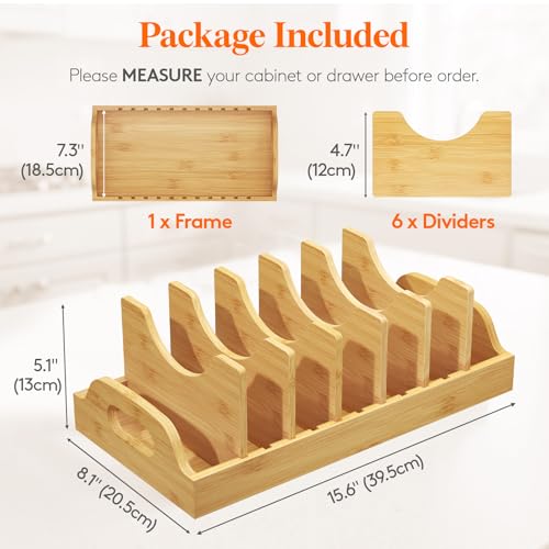 Lifewit Bamboo Pot Lid Organizers for Inside Cabinet, Pan Lid Holder with 6 adjustable Inserts & 7 Sections, Kitchen Pantry organizer and storage, Extra Large, 15.6" X 8.1"/40 x 21cm - size: Extra Large(15.6" x 8.1")