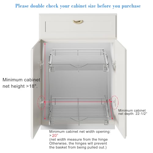 DINDON 2 Tier Pull Out Cabinet Organizer (20" W X 21" D), Double Tier Wire Basket Slide Out Shelf Storage for Kitchen Base Cabinet Organization for Kitchen, Pantry, Bathroom, Chrome - size: 20'' W X 21'' D