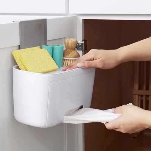 YouCopia DoorStash Garbage Bag Dispenser, Hanging Kitchen Cabinet Door Trash Bag Organizer with Removable Lid for Storage, Speckled White - size: Garbage Bag Dispenser