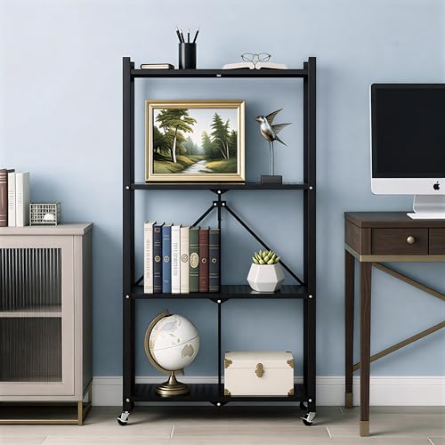 4 Tier Foldable Storage Shelf with Wheels, Collapsible Metal Rack Shelving Unit, No Assembly Required, Rolling Cart Shelf Rack Organizer for Books, Garage, Kitchen, Closet, Pantry, Exhibition, Black - size: 4-Tier