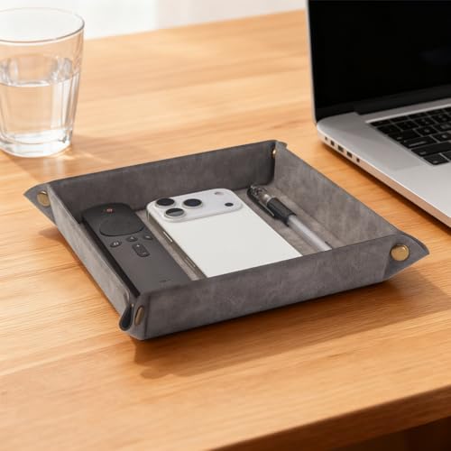 Valet Tray Desktop Storage Organizer – Premium PU Leather Catchall Bedside Vanity Tray Nightstand Caddy Holder for Remote Controller, Keys, Phone, Wallet, Coin, Jewelry,Grey - color: Gray