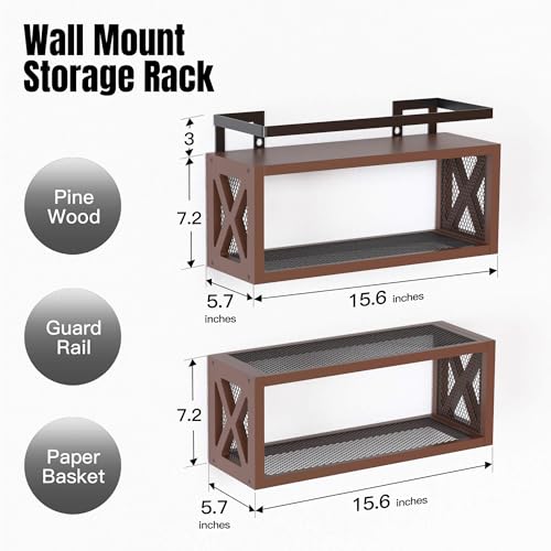 RICHER HOUSE Floating Wood Shelves with Guardrail, Rustic Brown, Wall Mounted, 2 Shelves, Farmhouse Style - color: Rustic Brown