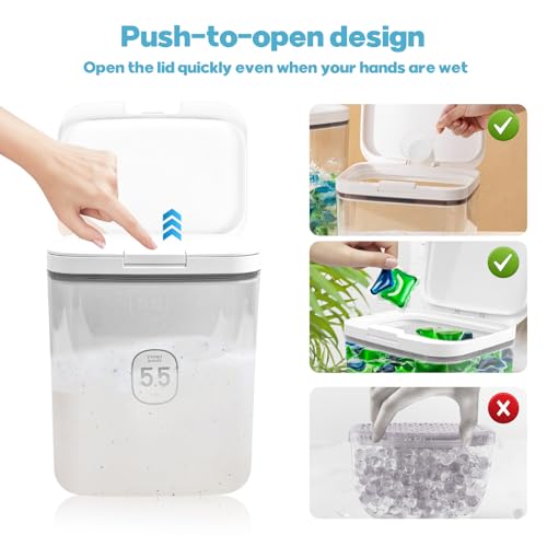 5.5L Laundry Detergent Dispenser with One-Press Lid Laundry Powder Container for Laundry Room Organization & Storage Pod and Airtight Dishwasher Pod Holder for Bead Powder, 1 Pack