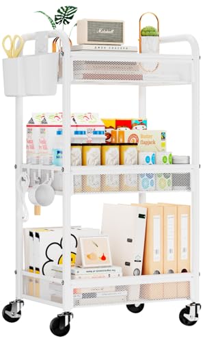 YASONIC 3 Tier Rolling Cart – Metal Utility Storage Carts with Wheels, Craft Carts Organizer with Hanging Cups, Hooks, Mesh Basket for Bedside Kitchen Office Art, White - color: White