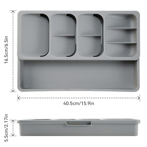 Expandable Silverware Drawer Organizer Tray, Adjustable Utensil Holder for Kitchen Drawers, BPA-Free Plastic Cutlery and Flatware Storage Divider