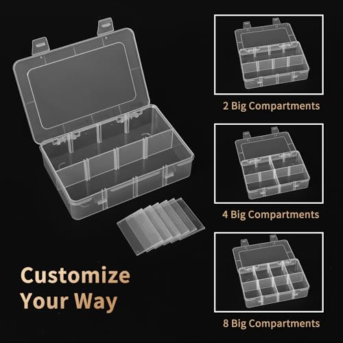 QUEFE 2 Pack 8 Grids Bead Organizers and Storage, Plastic Organizer Box with Removable Dividers Tackle Box Organizer for Candies Snacks Electronics Jewelry Small Parts - size: 2pcs