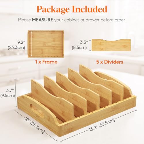 Lifewit Bamboo Lid Organizers for Inside Cabinet, Food Storage Container Lid Holder with 5 adjustable Inserts & 6 Sections, Kitchen Pantry organizer and storage, Large, 13.2" x 10"/34 x 25cm - size: Large(13.2" x 10")