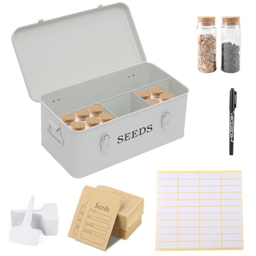 Seed Storage Organizer, 4 Compartment Seed Storage Box with Safety Lock, Metal Seed Box Seed Packet Container with 1 Pen, 12 Slots, 20 Plant Labels & 30 Seed Envelopes, White Gardening Gift - color: White Box with Slots