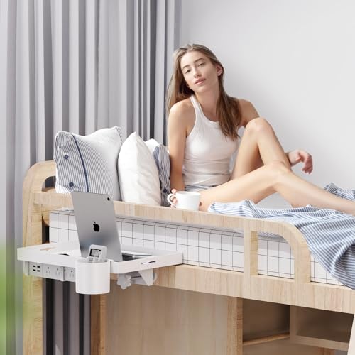 Bedside Shelf for Top Bunk Bed, Bedroom Dorm Room Essential Nightstand for College Student, White Bunk Bed Tray Table with 50LBS Capacity, BedShelf with Cup Holder (Material & Clamping Screw Updated) - color: White (Updated Version)