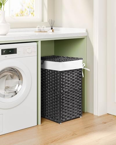 Greenstell Laundry Hamper with Lid, 125L Laundry Basket with 2 Removable Liner Bags & 2 Mesh Bags, Handwoven Synthetic Rattan Clothes Hamper for Clothes, Toys in Bathroom, Bedroom, Foldable, Black - color: Black, size: 125L (25.6 x 13.0 x 23.6 inches)