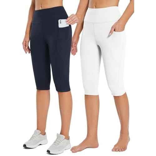 baleaf Women's Capri Leggings with Pockets High Waisted Knee Length Capris Stretch for Casual Yoga Pants Workout Exercise