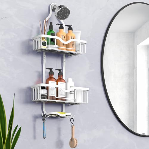Kadolina Shower Caddy Hanging, Bathroom Shower Rack, Bathroom Organizer with Soap Dish, Over The Showerhead Caddy with Hooks for Razor/Sponge, Soft White (Assembly Required) - color: Soft White