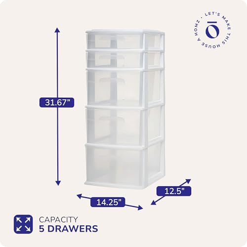 HOMZ 5-Drawer Storage Cart, Clear Plastic Drawers, 14.25" Wide Medium, White Frame - Organizing Drawer Containers for Home, Bathroom, Office, and Classroom - color: White frame with clear drawer