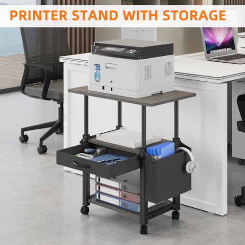 YAOHUOO 22"x15" Large Printer Stand with Drawer and-side Bag, Adjustable 3-Tier Printer Cart for Home Office, Rolling Printer Stand Fit Heat Press/Laser/3D Printer (Grey) - color: Gray, size: 3-Tier