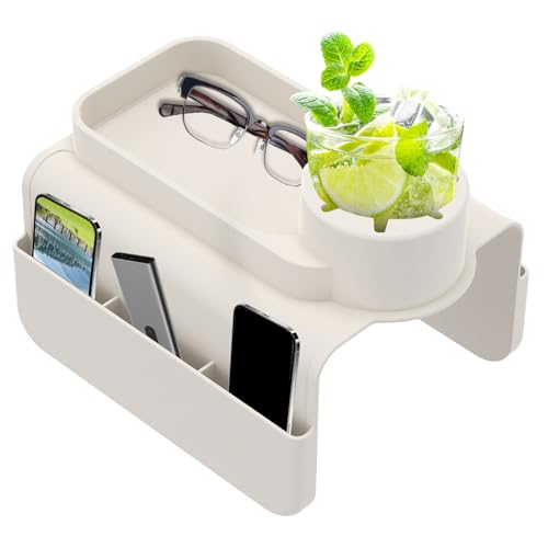 Silicone Sofa Armrest Tray with Dual Side Pockets, Anti-Slip Couch Cup Holder, Silicone Armchair Cup Holder for Drinks, Phone & Snacks, Arm Organizer for Living Room, Recliner, Car (White) - color: White
