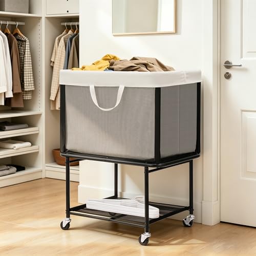 STO STO Rolling Laundry Hamper with Lockable Wheels, 29-Gallon (110L) Laundry Cart with Removable Canvas Bag, 2-Tier Clothes Basket Hamper with Shelf for Closet, Bedroom, Bathroom, Laundry Room