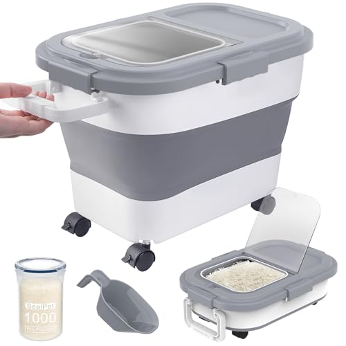 HOYTAMDA 20-30Lbs Rice Container,Collapsible Airtight Food Storage Containers with Wheels,Handle,Rice Storage Container with Small Bin and Scoop - color: Clear/20-30lbs