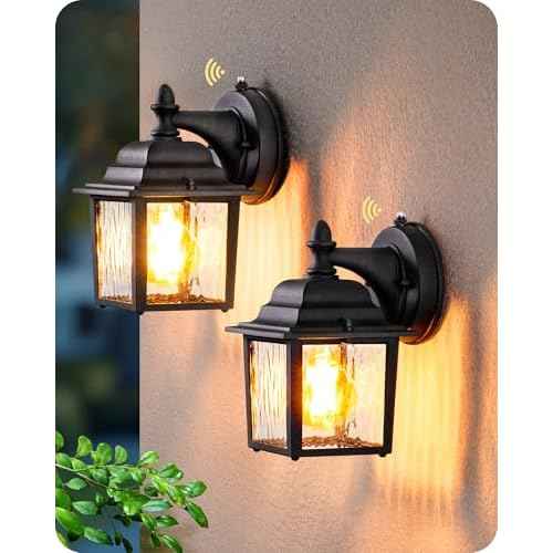 EDISHINE 2 Pack Outdoor Porch Light, Dusk to Dawn Exterior Lighting Fixtures, Modern Outdoor Wall Lights Fixture, Clear Water Ripple Glass, Anti-Rust Waterproof for Front Door Garage Patio, Black
