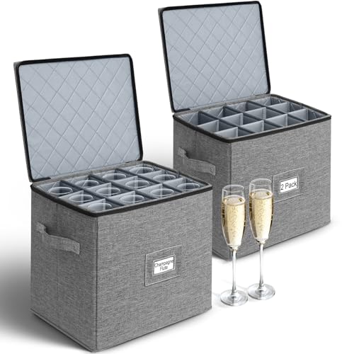 punemi Champagne Flute Storage Container, 2 Pack Wine Glass Storage Box w/Hard-Shell Top, Bottom & Sides, Dividers, Stackable Glassware Storage Container for Champagne, White Wine & Stemware - style: champagne-storage-2pcs