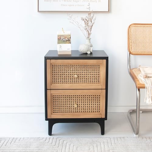 COZAYH Set of 2 Fully-Assembled 2-Drawer Woven Cane Front Accent Nightstand with Brass Knobs, Black - color: Black, style: 2 Drawer/2 pack