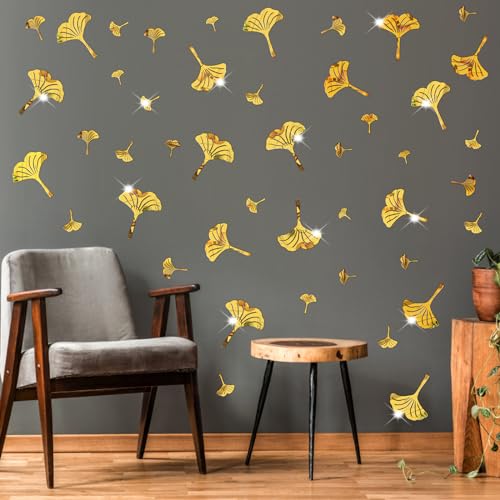 Golden Wall Decals Peel and Stick Golden Leaves Wall Stickers Modern Leaf Vinyl Wall Decals Living Room Abstract Flower Walls Sticker Nordic Plant Walls Art Murals for Bedroom Bathroom Kitchen Decor
