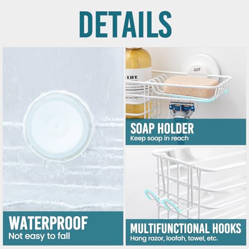 TAILI Shower Caddy Suction Cup 2 Pack with Hooks & Soap Holder, Heavy Duty Shower Organizer for Bathroom, No Drilling Bathroom Organizer with Large Capacity, Metal Storage Holder-White - style: 2 × White