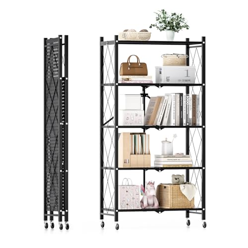 Simple Deluxe 5-Tier Folding Storage Shelves, 27.95" W x 14.96" D x 63.78" H Foldable Shelving Unit, 1250 Lbs Loading Capacity, Black - color: Black, size: 5-Tier, 28"W x 15"D x 64"H