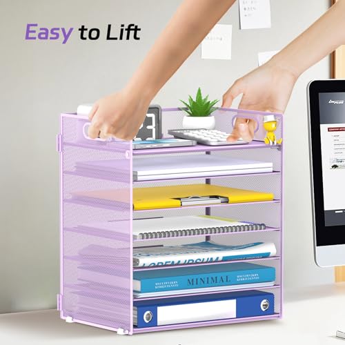 7 Tier Paper Organizer - Mesh Desktop File Holder with Handles for Office School Desk, Black (Purple) - color: Purple