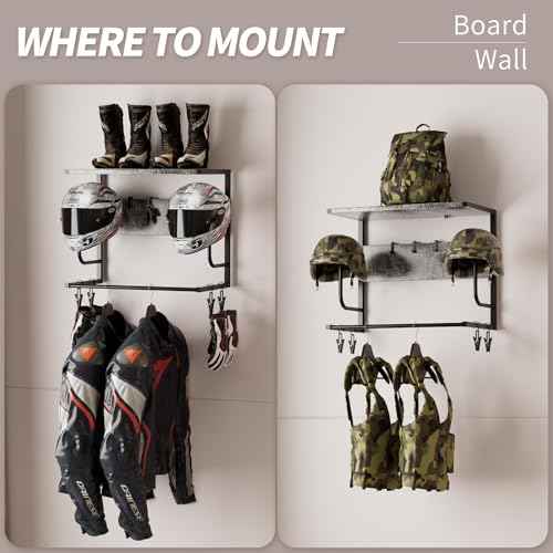 Motorcycle Helmet Holder Wall Mounted, Helmet Holder Wall Mount with Helmet Rack, Motorcycle Helmet Rack for Most of Helmet and Clothes