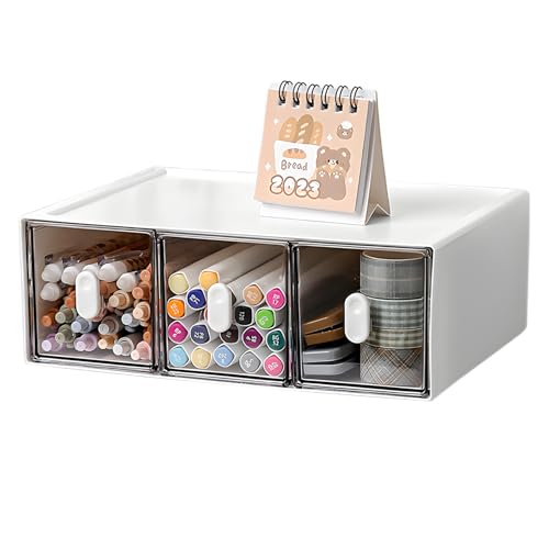 Desktop Storage Drawers, Plastic Desk Organizer with 3 Drawers, Modular Stackable Toolbox Units for Office Stationary, Makeup Container, Bathroom Countertop (1 Tall Layer, White & Clear) - color: 1 Tall Layer & 3 Drawers, White & Clear