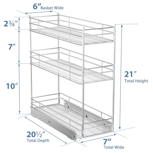 ROOMTEC Pull Out Spice Rack for Narrow Cabinet (7" W X 20½" D),3 Tier Heavy Duty Sliding Spice Cabinet Organization Shelf Racks, Pull Out Shelves Under Cabinet Storage for Kitchen - size: 7" W x 20½" D, 3 Tier, Heavy Duty