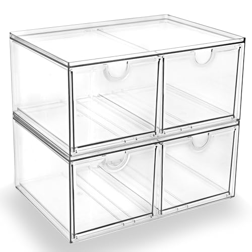 Prsildan Stackable Clear Makeup Organizer, 2 Pack Acrylic Storage Drawers with 4 Drawers for Vanity Bathroom Office Desk Modular Drawer System for Cosmetics Jewelry Toiletries Home Organization - style: Style2-4Drawers