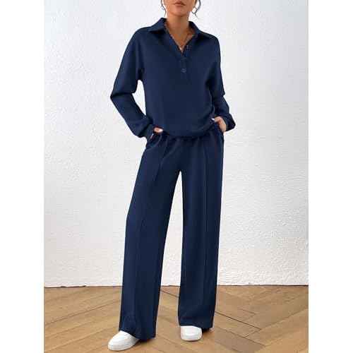 PRETTYGARDEN Women Fall 2 Piece Outfits Sweatsuits Quarter Button Long Sleeve Sweatshirt Wide Leg Pants Tracksuit Lounge Sets
