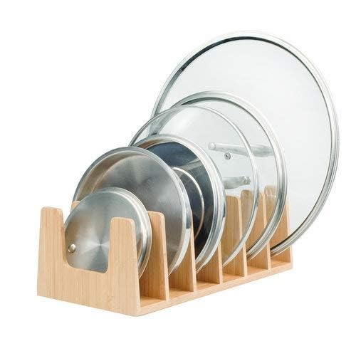 MobileVision Bamboo Pot Lid Holder Organizer for Storage in Cabinets or Kitchen Countertops, 6 Sections