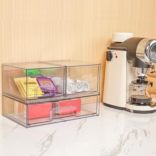 Vtopmart Stackable Storage Drawers Set of 3,Clear Plastic Organizer Bins for Makeup, Cosmetics, Beauty Supplies,Ideal for Vanity, Bathroom,Cabinet,Pantry Organization - style: 2 Small+1 Wide