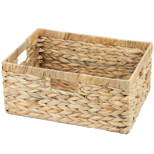 Large Wicker Basket, 15" Water Hyacinth Wicker Storage Baskets for Organizing, Rectangular Storage Baskets for Shelves, Rattan Woven Basket with Built-in Handles, 1 Pack (Natural, Large) - size: 15"L x 11"W x 6 ¾"H