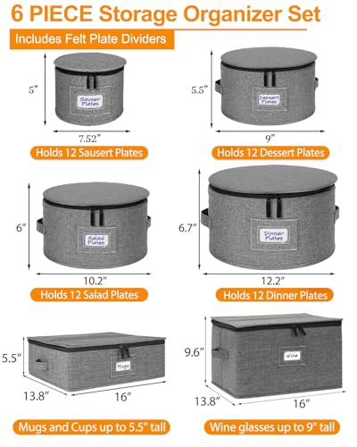 punemi 6-Piece Hard Shell China Storage Containers, Mug & Cup Organizer, Wine Glass Storage Boxes with Dividers & Carry Handles, Moving Boxes for Dinnerware, Glassware, and Stemware,Grey - style: StorageSet-China4pcs-Wine1pcs-Coffee1pcs