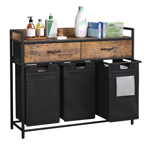 Mondeer Laundry Sorter with 2 Drawers, 150L with Pull-Out Removable Laundry Bags, Laundry Hamper Baskets with 3 Section and Wheels, Rustic Brown and Black - size: 3 Drawers