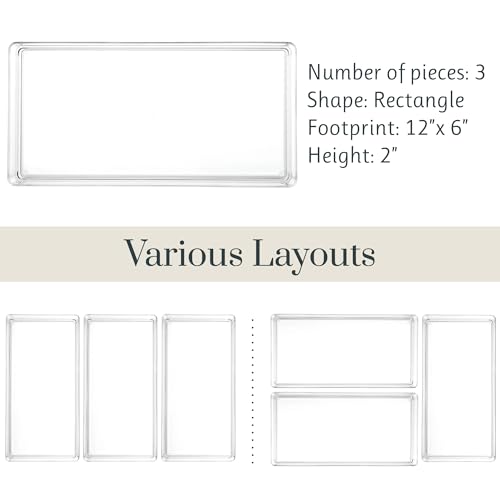 STORi SimpleSort 3-Piece Stackable Clear Drawer Organizer Set | 12" x 6" x 2" Rectangle Trays | Wide Makeup Vanity Storage Bins and Office Desk Drawer Dividers | Made in USA - size: 12x6x2"