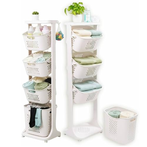 Japard 108 Liters Vertical Rolling Laundry Compact Hamper Ultra Slim, 4 Sorter Cart with Wheels and Breaks, 4-tier Baskets Detachable for Small Space, Dorm, Closet, Bathroom, Easy Assembly White Gray - size: 4 Tier