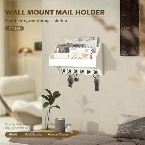 Rebee Vision Pine Wood Key Holder Wall Mount - Rustic Mail Holder for Wall with Key Hooks & 3-Tire Letter Slots - Multifunctional Key Holder on Wall for Entryway Storage (White) - color: White