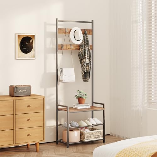 Coat Rack Hall Tree with Shoe Storage, Entryway Hall Tree Storage Bench, Wood Look Accent Furniture with Metal Frame, 3-in-1 Design, Rustic Brown - color: Brown